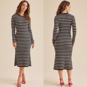 NEW HYFVE Black Striped Ribbed Midi Sweater Dress Flared Hem Size Medium